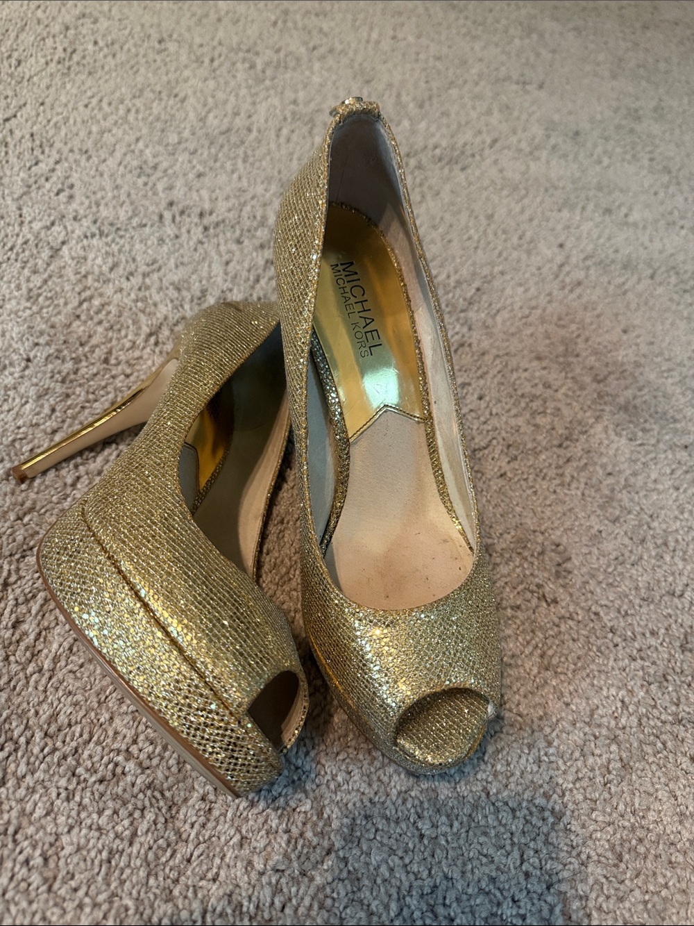 Michael Kors Gold Glitter Peep-Toe Platform Heels